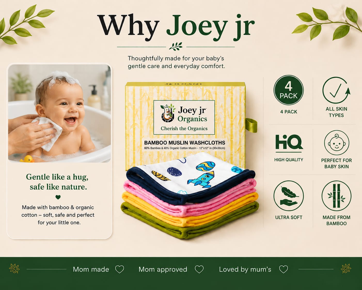 Joey Jr Organics Bamboo Muslin Baby washcloths |4 -pack