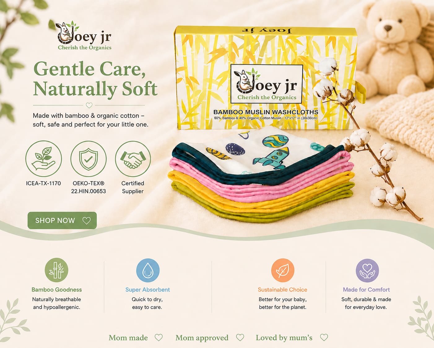 Joey Jr Organics Bamboo Muslin Baby washcloths |4 -pack